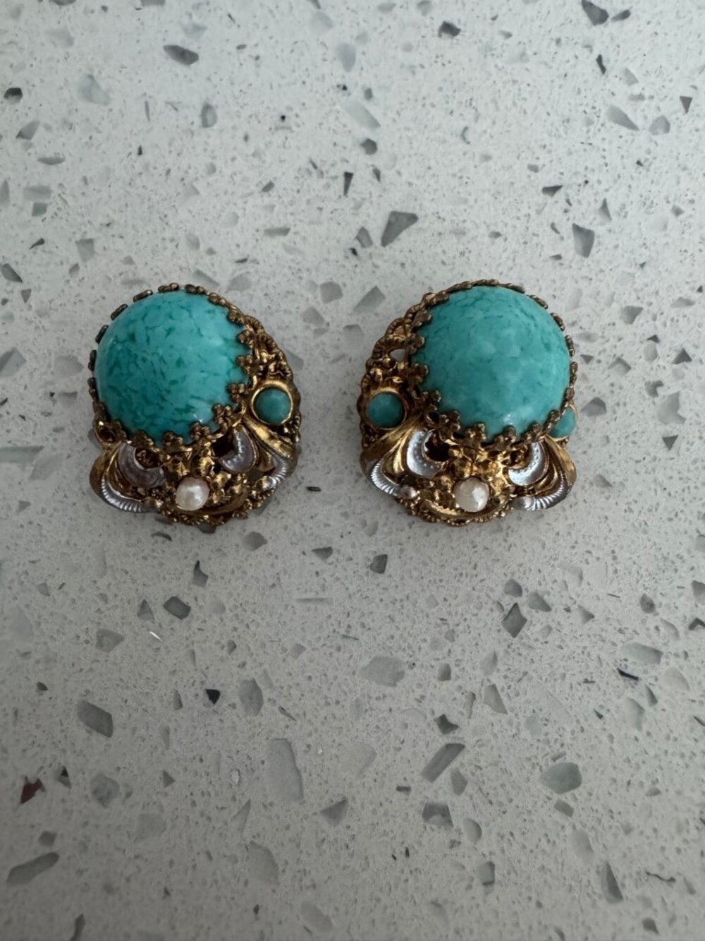 Vintage West Germany Turquoise Clip On Earrings Gold Tone Filigree